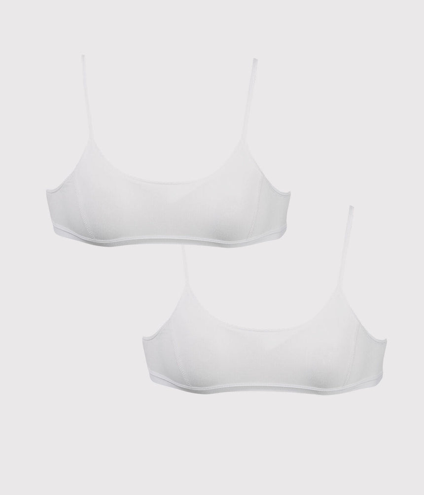 GIRLS' WHITE ORGANIC COTTON AND ELASTANE BRALETTES - 2-PACK