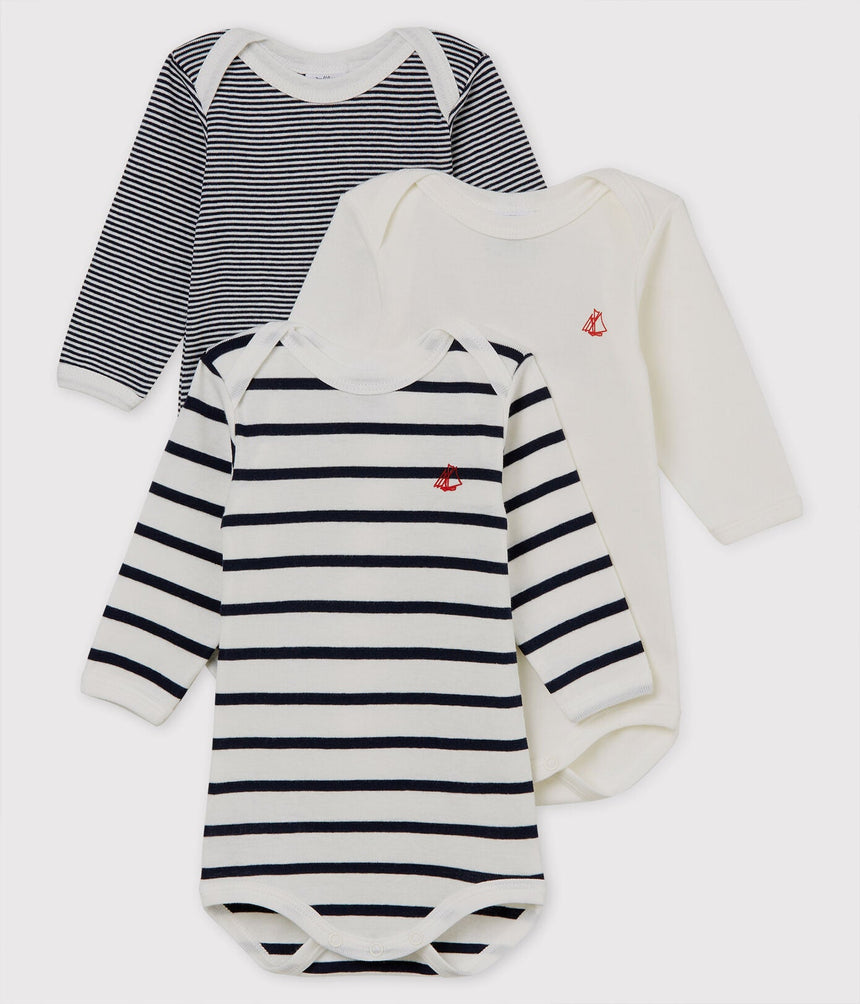 BABIES' STRIPY LONG-SLEEVED ORGANIC COTTON BODYSUITS - 3-PACK