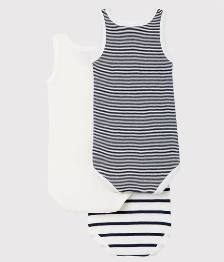 BABIES STRIPY SLEEVELESS COTTON BODYSUITS - 3-PACK