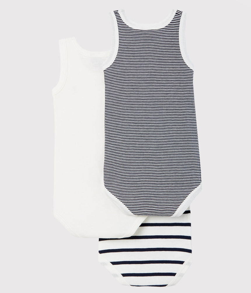 BABIES STRIPY SLEEVELESS COTTON BODYSUITS - 3-PACK
