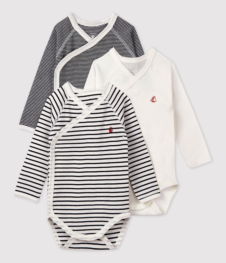 BABIES' LONG-SLEEVED STRIPY COTTON BODYSUITS - 3-PACK