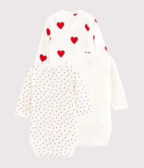 BABIES' LONG-SLEEVED WRAPOVER RED HEARTS ORGANIC COTTON BODYSUIT - 3-PACK