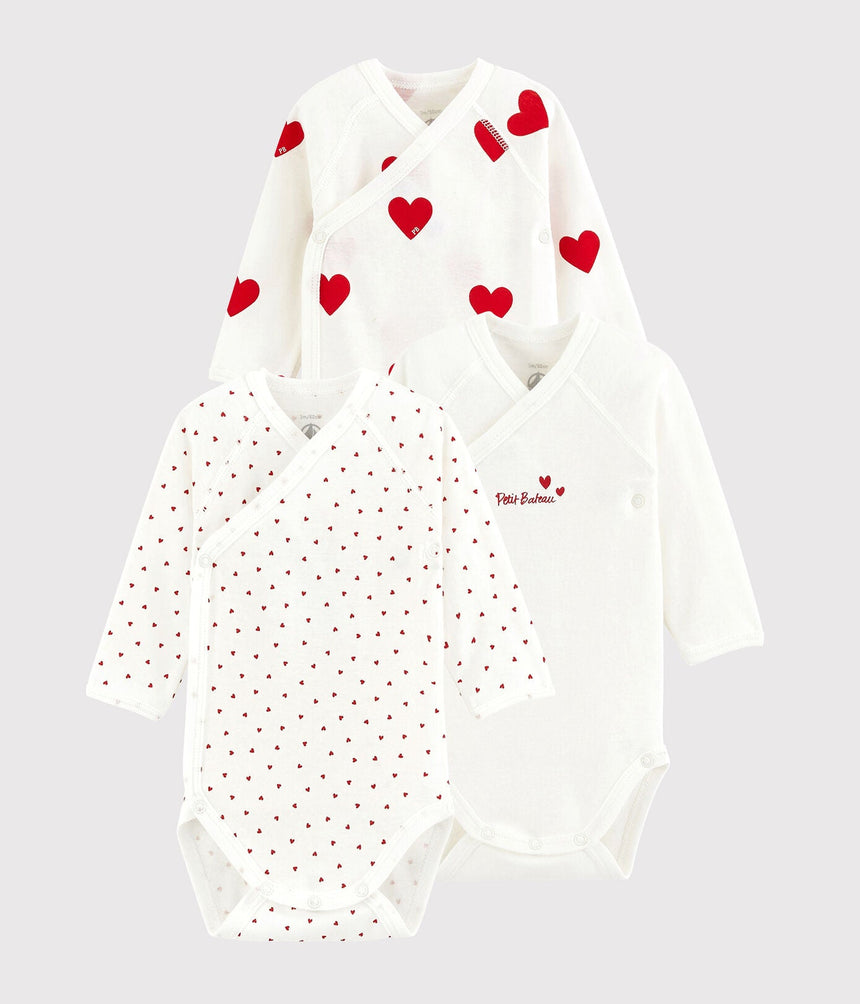 BABIES' LONG-SLEEVED WRAPOVER RED HEARTS ORGANIC COTTON BODYSUIT - 3-PACK