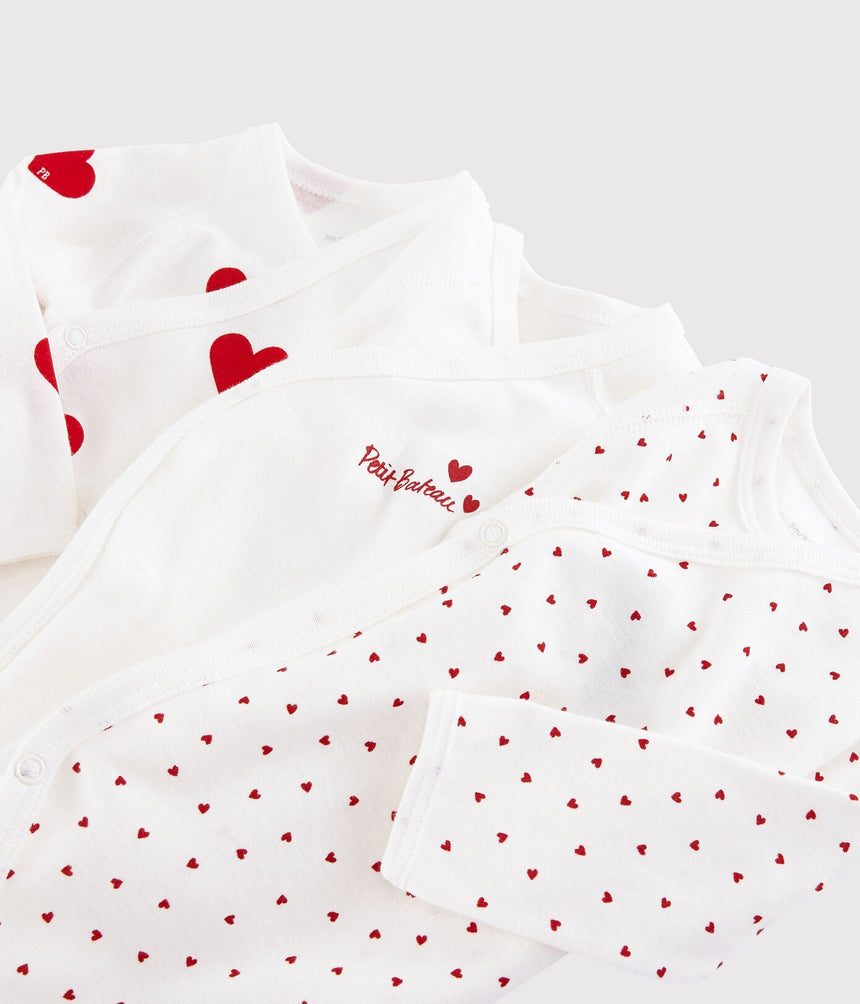 BABIES' LONG-SLEEVED WRAPOVER RED HEARTS ORGANIC COTTON BODYSUIT - 3-PACK