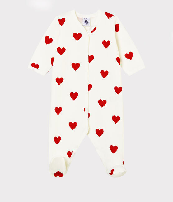 BABIES' RED HEART PATTERN ORGANIC COTTON FLEECE SLEEPSUIT