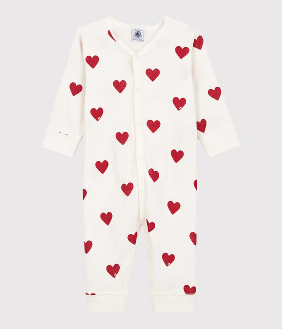 BABIES' RED HEART PATTERN FOOTLESS ORGANIC COTTON SLEEPSUIT