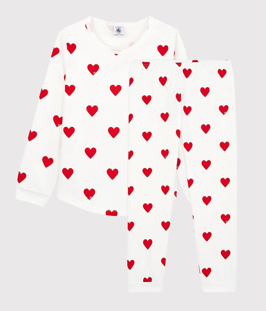 GIRLS' RED HEART PATTERN FLEECE PYJAMAS