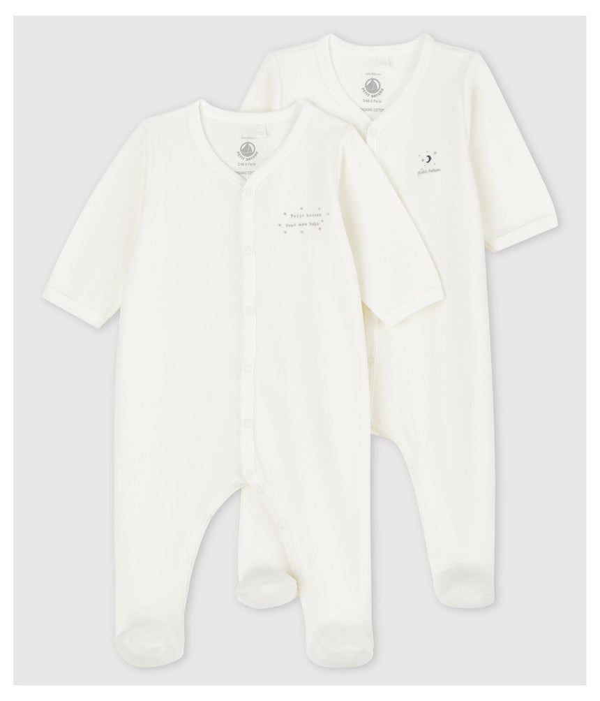 BABIES' WHITE ORGANIC COTTON VELOUR SLEEPSUIT - 2-PACK
