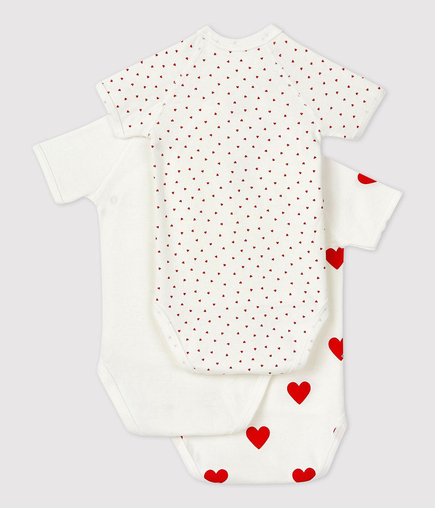 BABIES' HEART PATTERNED WRAPOVER SHORT-SLEEVED COTTON BODYSUITS - 3-PACK