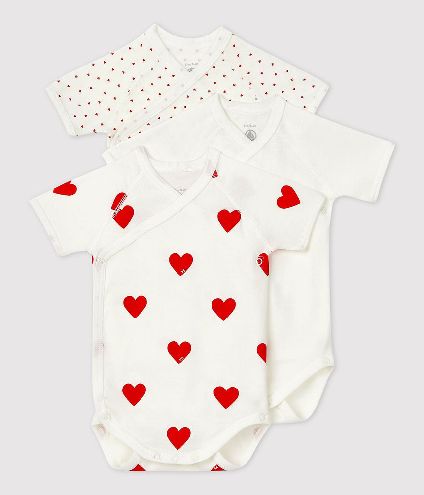 BABIES' HEART PATTERNED WRAPOVER SHORT-SLEEVED COTTON BODYSUITS - 3-PACK