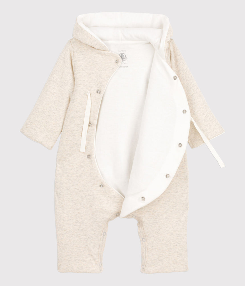 BABIES' MARLED GREY ORGANIC COTTON HOODED JUMPSUIT
