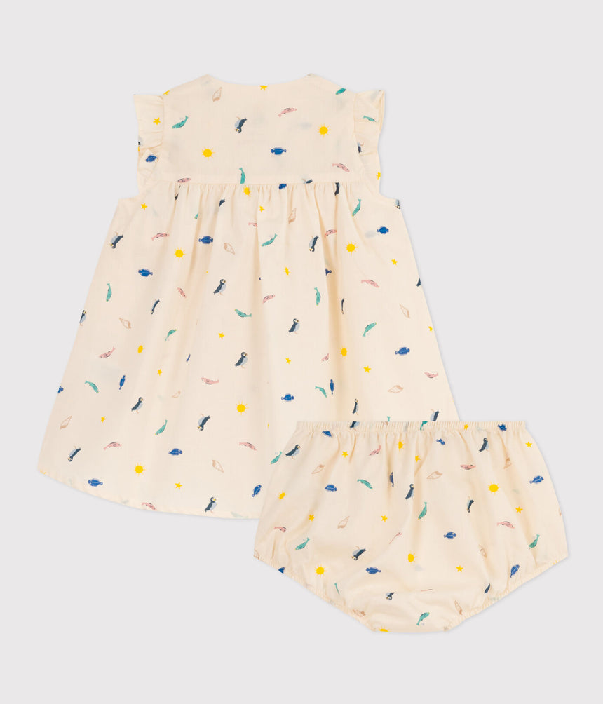 BABIES' PATTERNED POPLIN DRESS AND BLOOMERS