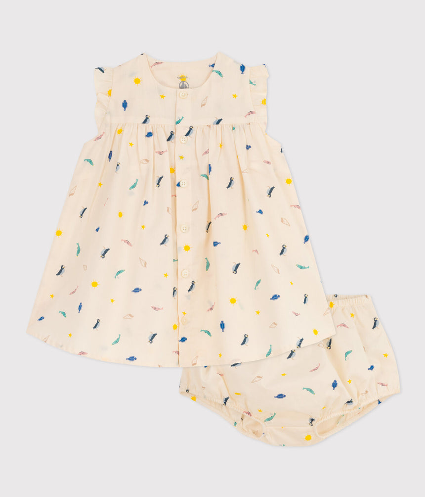 BABIES' PATTERNED POPLIN DRESS AND BLOOMERS