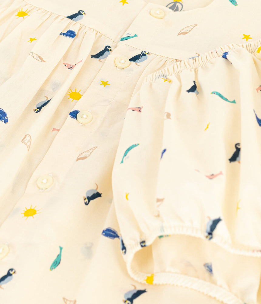 BABIES' PATTERNED POPLIN DRESS AND BLOOMERS