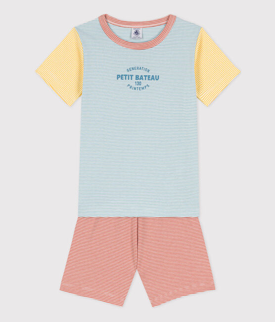 CHILDREN'S UNISEX THREE-TONE PINSTRIPED COTTON SHORT PYJAMAS