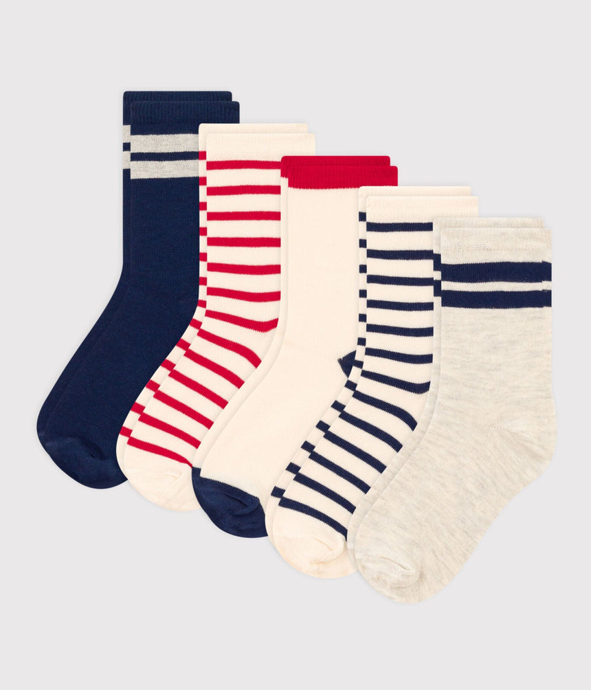 CHILDREN'S UNISEX BLUE WHITE RED SOCKS -5- PACK