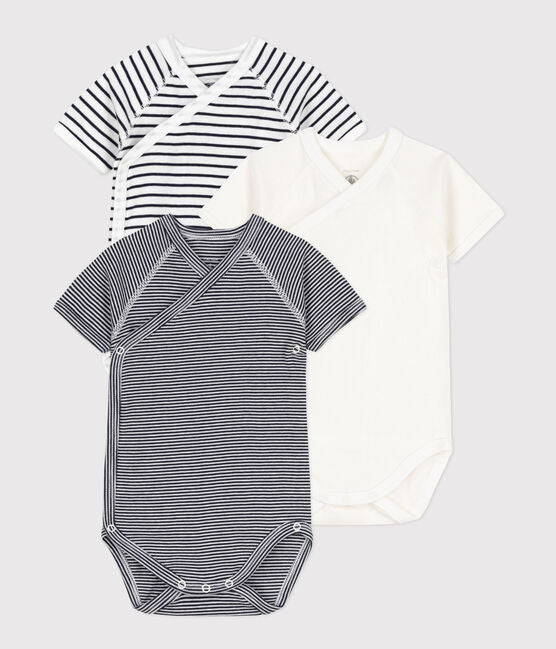 PACK OF 3 SHORT-SLEEVED WRAPOVER BABY BODYSUITS IN STRIPY COTTON
