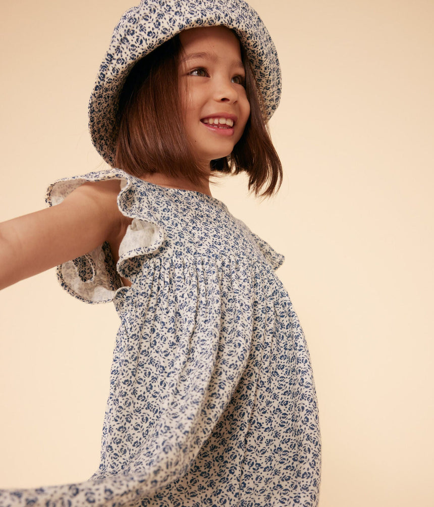 GIRLS' BLUE FLORAL COTTON GAUZE FLOPPY SUN HAT