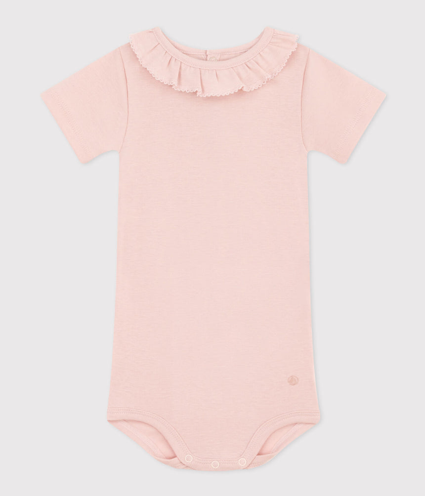 BABIES' SHORT-SLEEVED COTTON BODYSUIT WITH RUFFLE COLLAR