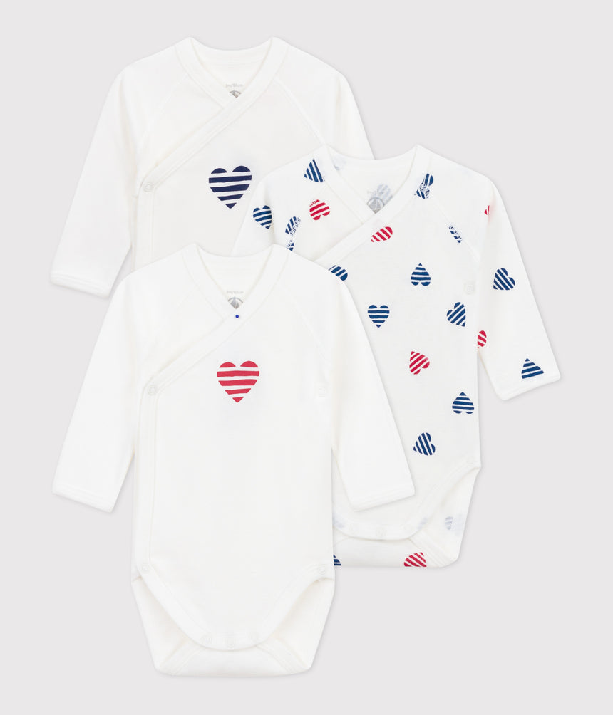 BABIES' LONG-SLEEVED WRAPOVER STRIPY HEART PATTREN COTTON BODYSUIT - 3-PACK