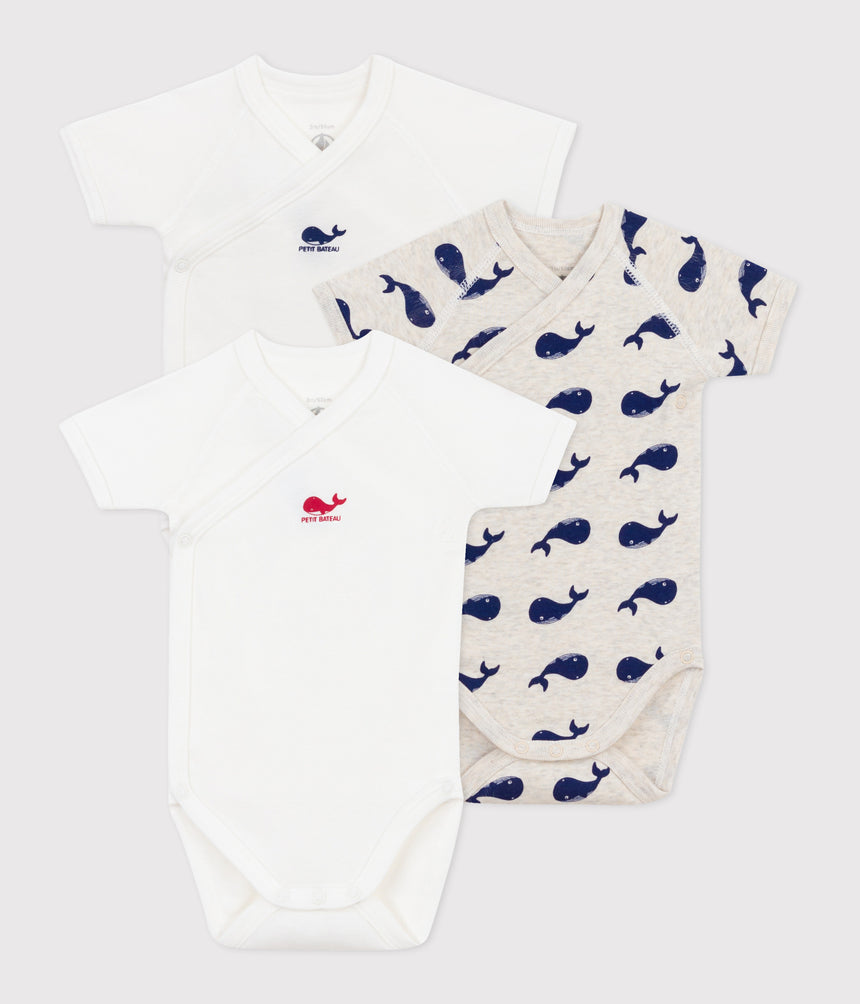 UNISEX BABIES SHORT-SLEEVED PRINTED COTTON WRAP OVER BODIES -3-PACK
