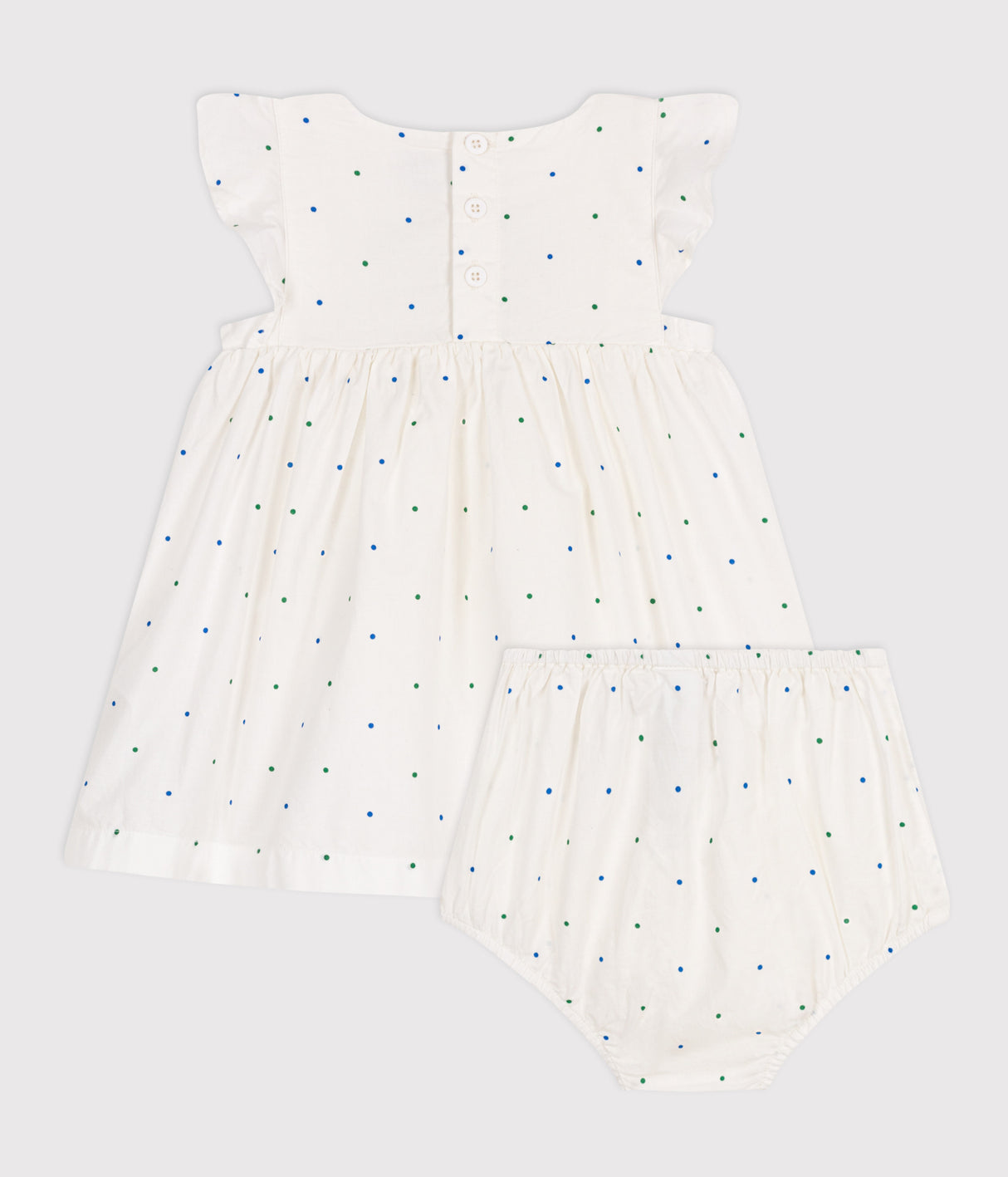 BABIES' WHITE COTTON DRESS AND BLOOMERS PRINTED WITH SPOTS