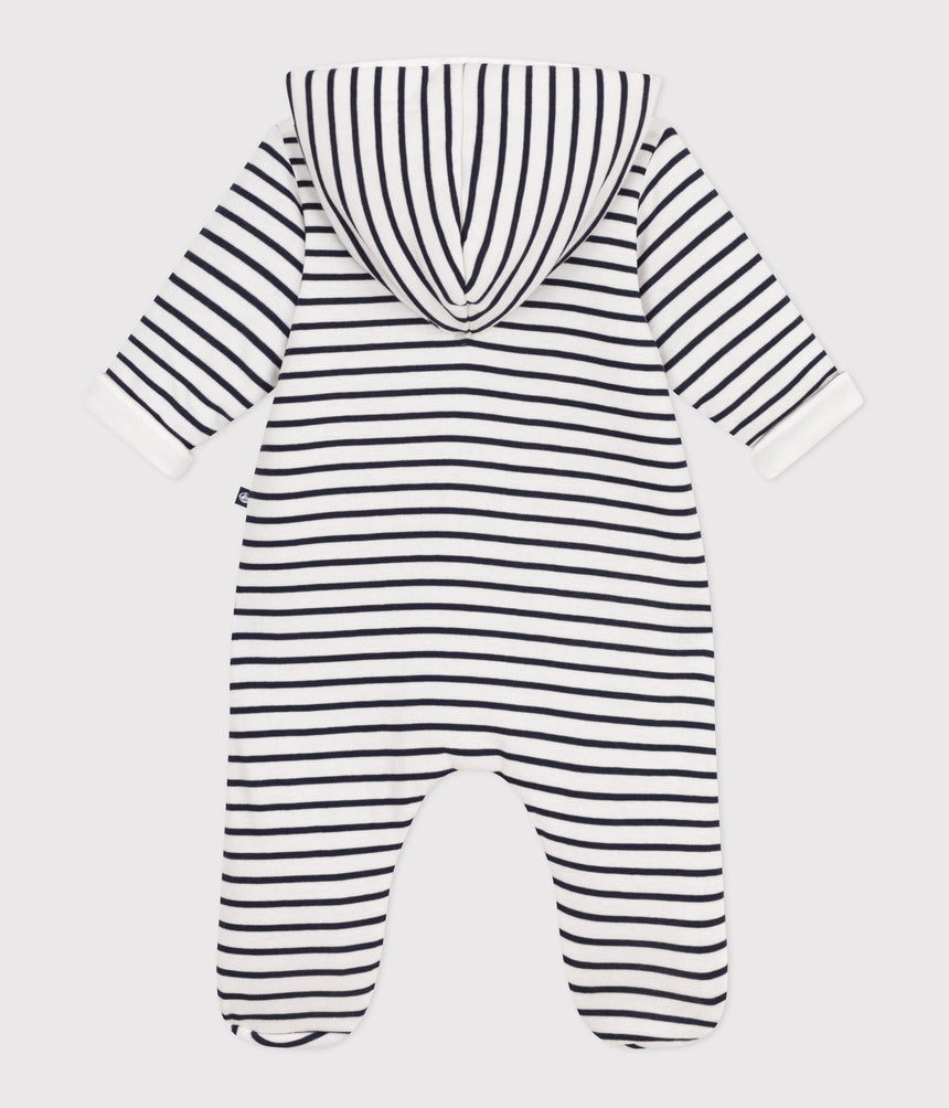 BABIES BRETON-STRIPE PADDED PLAYSUIT WITH A HOOD AND FEET