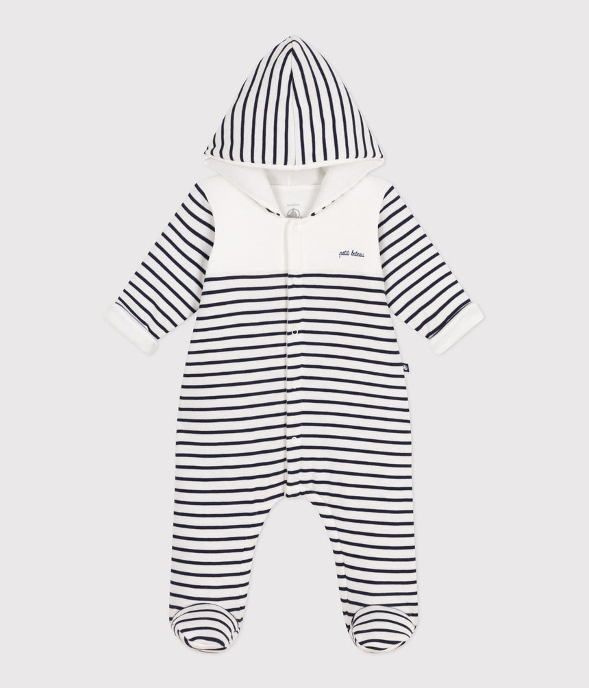 BABIES BRETON-STRIPE PADDED PLAYSUIT WITH A HOOD AND FEET