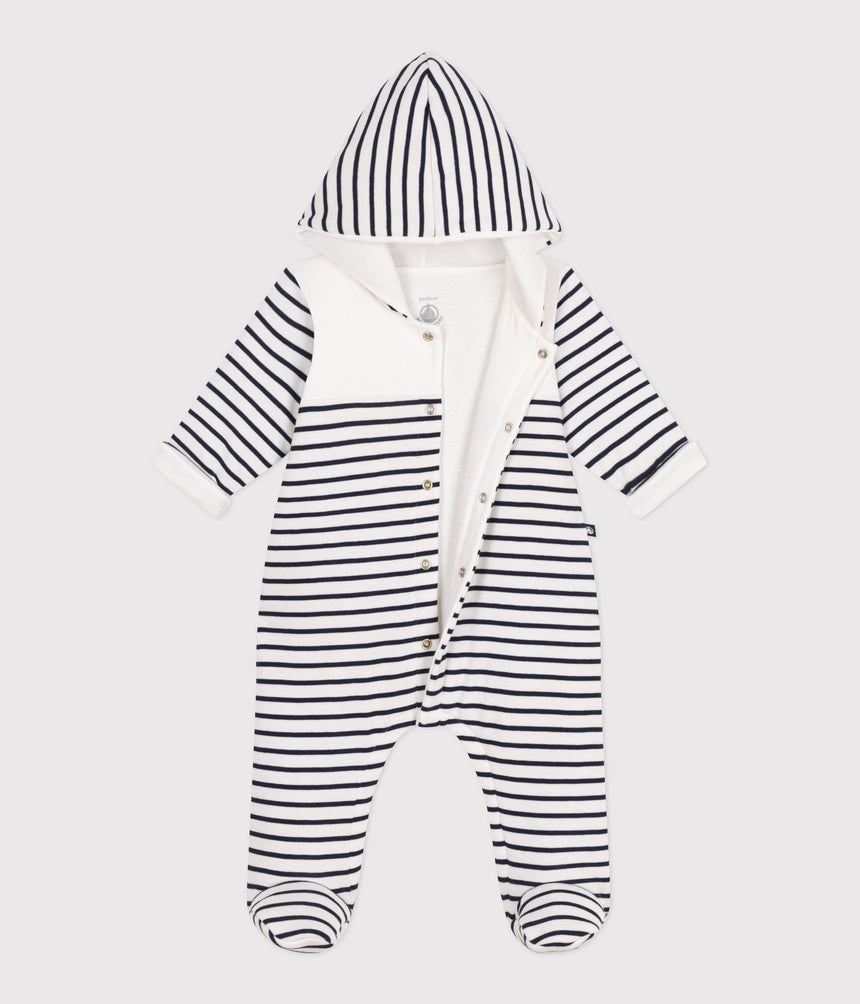 BABIES BRETON-STRIPE PADDED PLAYSUIT WITH A HOOD AND FEET