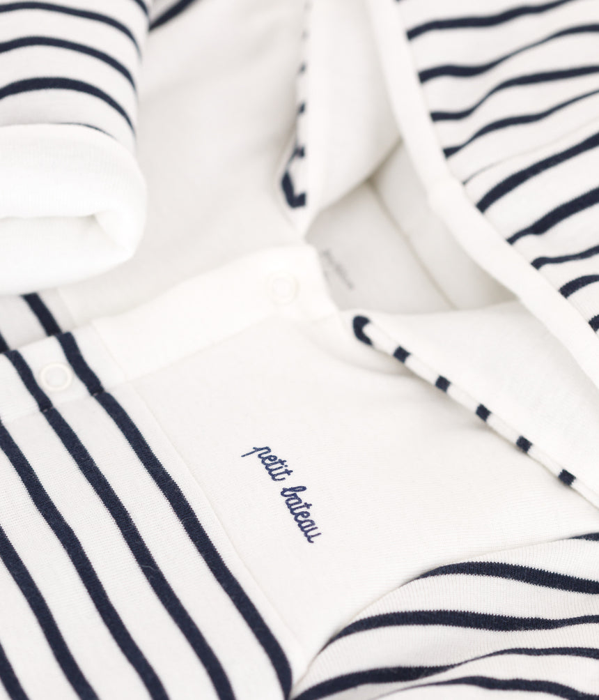 BABIES BRETON-STRIPE PADDED PLAYSUIT WITH A HOOD AND FEET