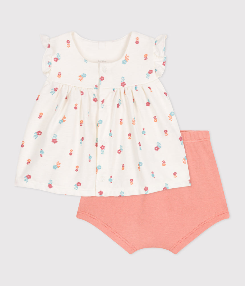 NEWBORN BABIES' TWO-PIECE COTTON SET WITH A RUFFLED BLOUSE