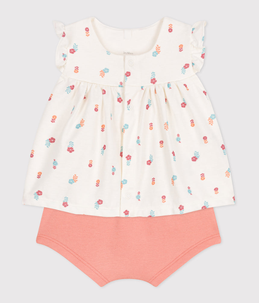 NEWBORN BABIES' TWO-PIECE COTTON SET WITH A RUFFLED BLOUSE
