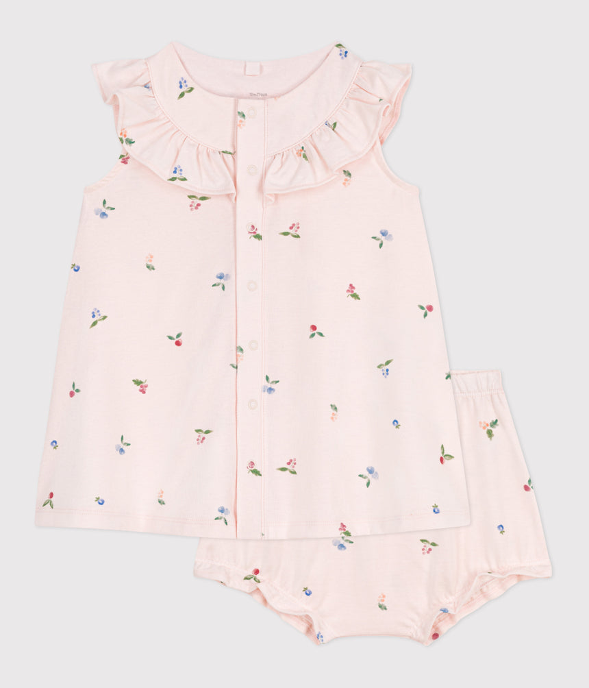BABIES' SHORT-SLEEVED FRUIT PRINT COTTON DRESS AND BLOOMERS