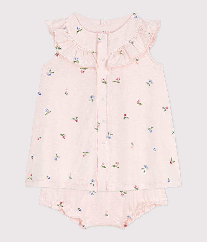 BABIES' SHORT-SLEEVED FRUIT PRINT COTTON DRESS AND BLOOMERS