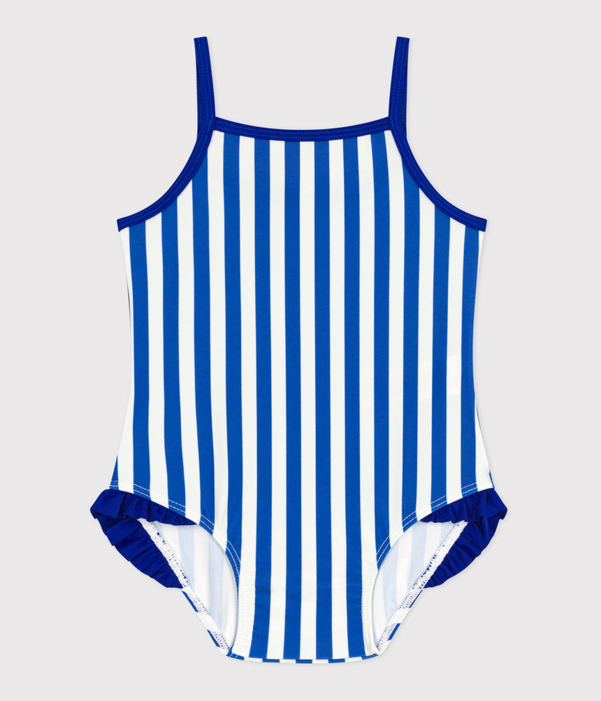 BABIES' ONE-PIECE SWIMSUIT WITH FRILLS AND A STRIPY PRINT