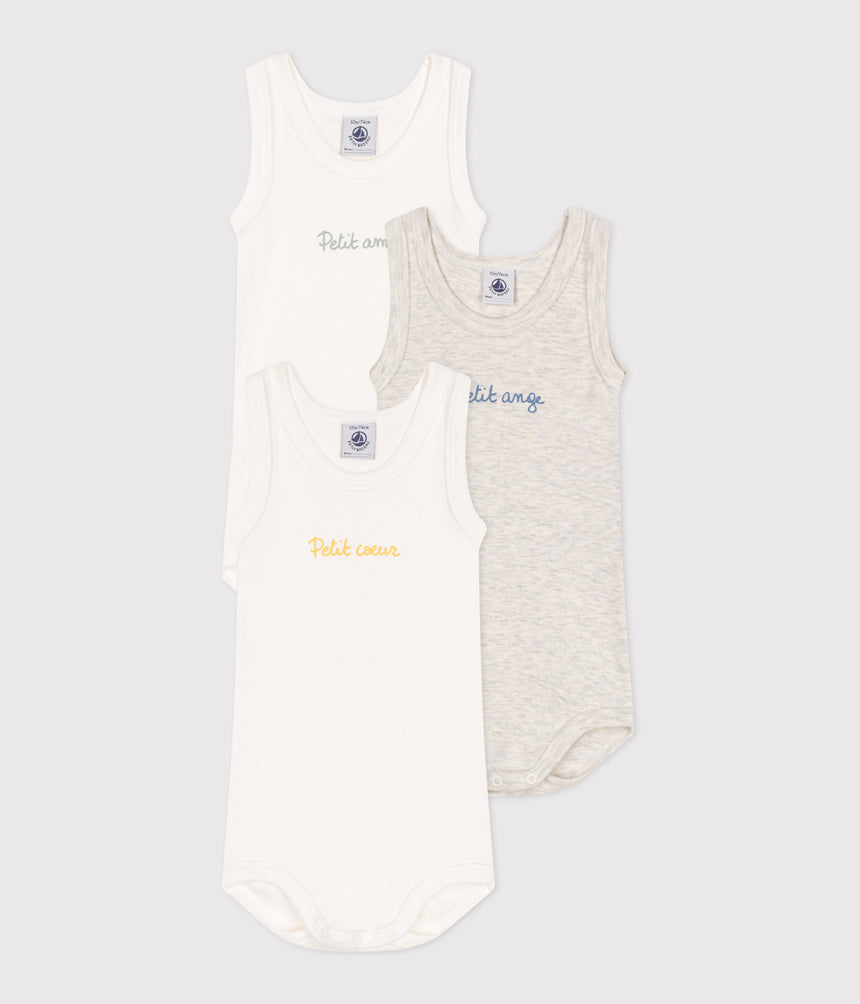 BABIES SLEEVELESS PLAIN COTTON BODYSUITS-3-PACK