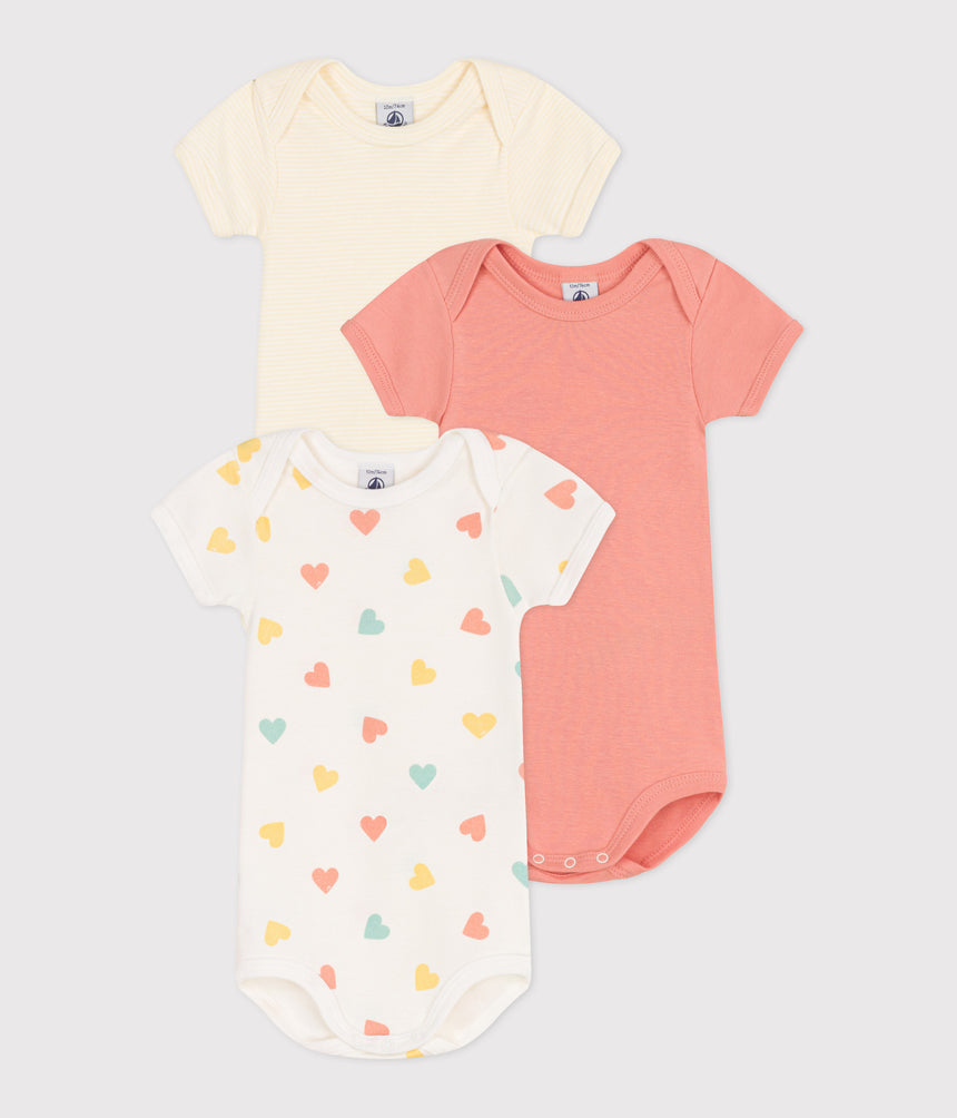 BABIES' HEART PATTERND SHORT-SLEEVED COTTON BODIES- 3-PACK