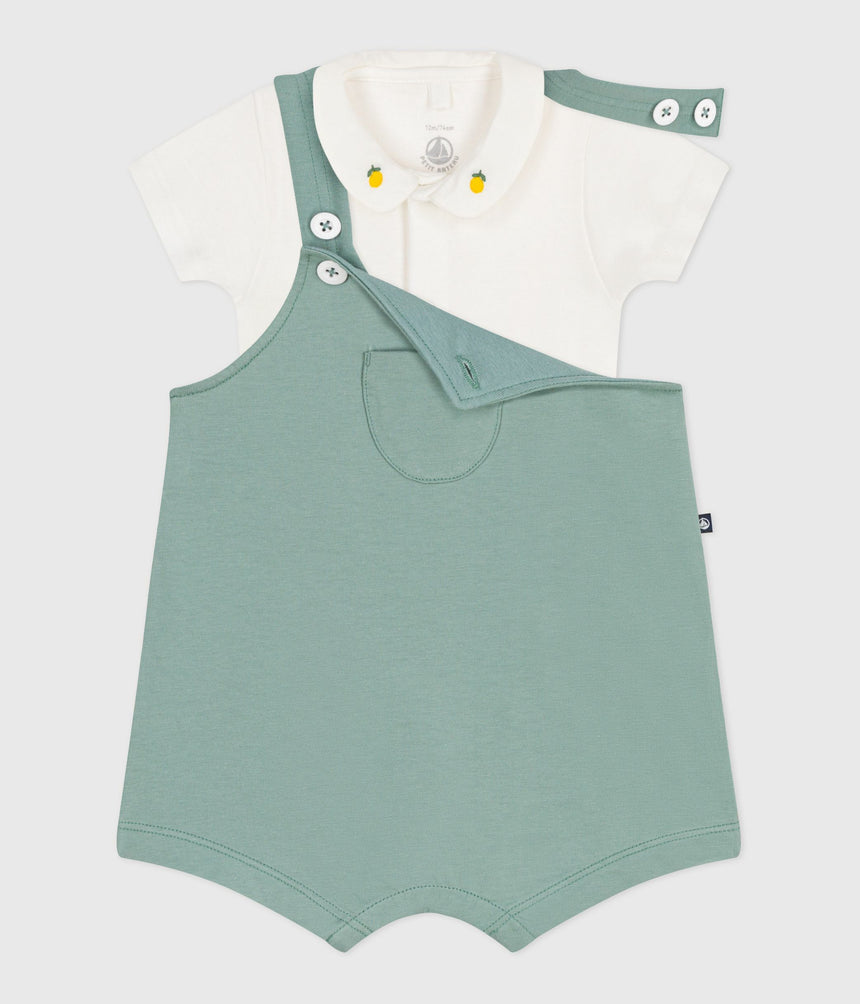 NEWBORN BABIES SET WITH DUNGAREES AND A BODY EMBROIDERED IN PLAIN COTTON