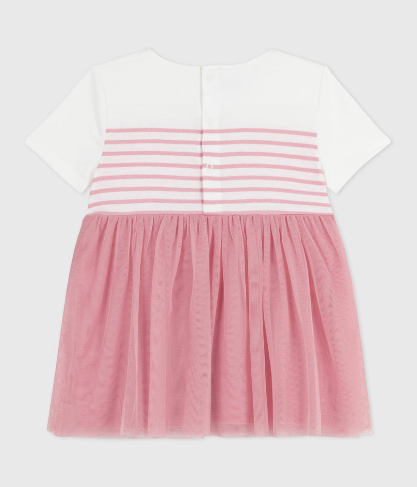 BABIES SHORT-SLEEVED COTTON AND TULLE DRESS WITH A STRIPY TOP