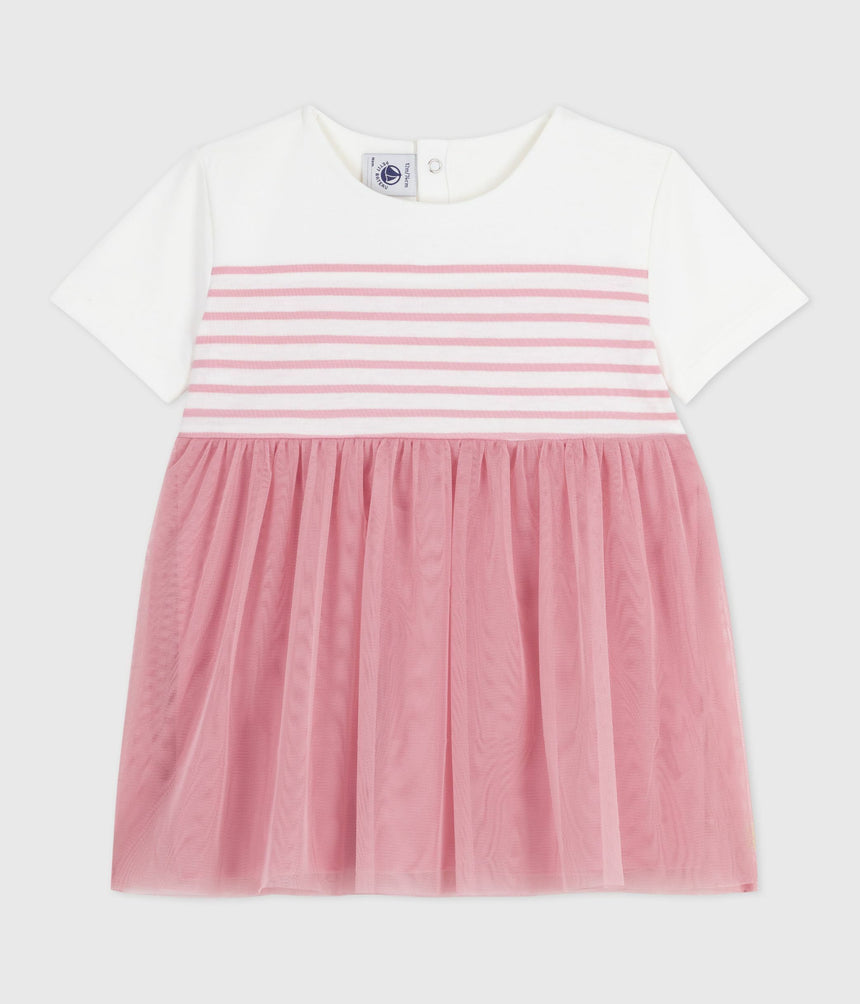 BABIES SHORT-SLEEVED COTTON AND TULLE DRESS WITH A STRIPY TOP