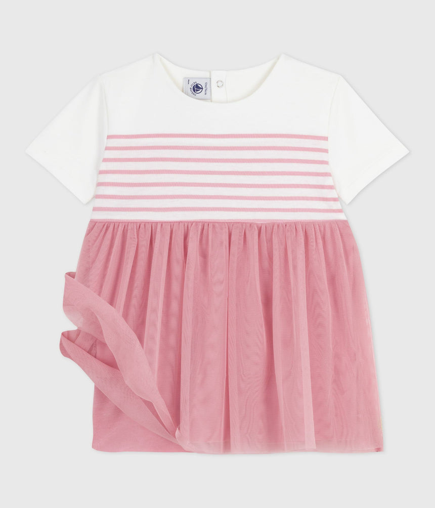 BABIES SHORT-SLEEVED COTTON AND TULLE DRESS WITH A STRIPY TOP