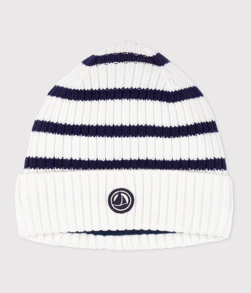 CHILDREN'S STRIPY KNITTED BEANIE HAT LINED IN POLAR FLEECE