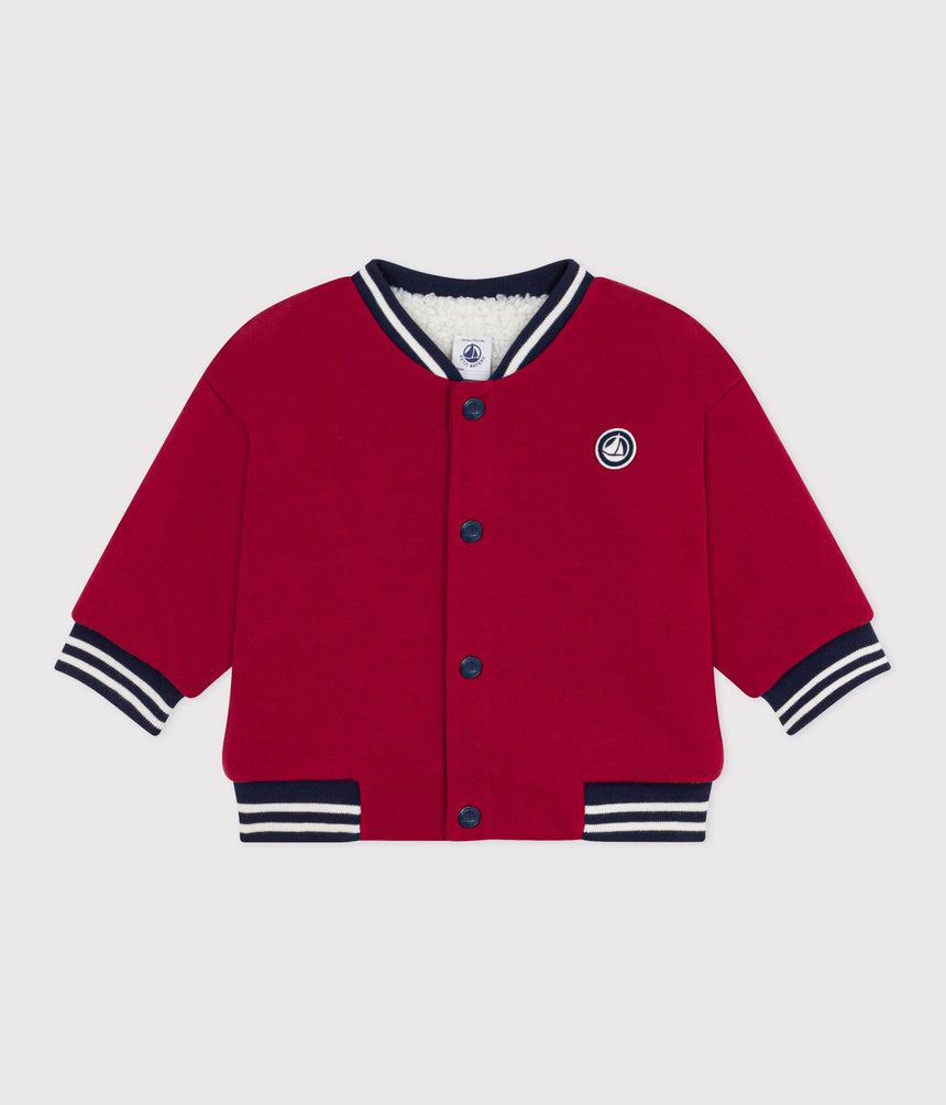 BABIES' VARSITY STYLE JACKET IN PLAIN COTTON AND SHERPA