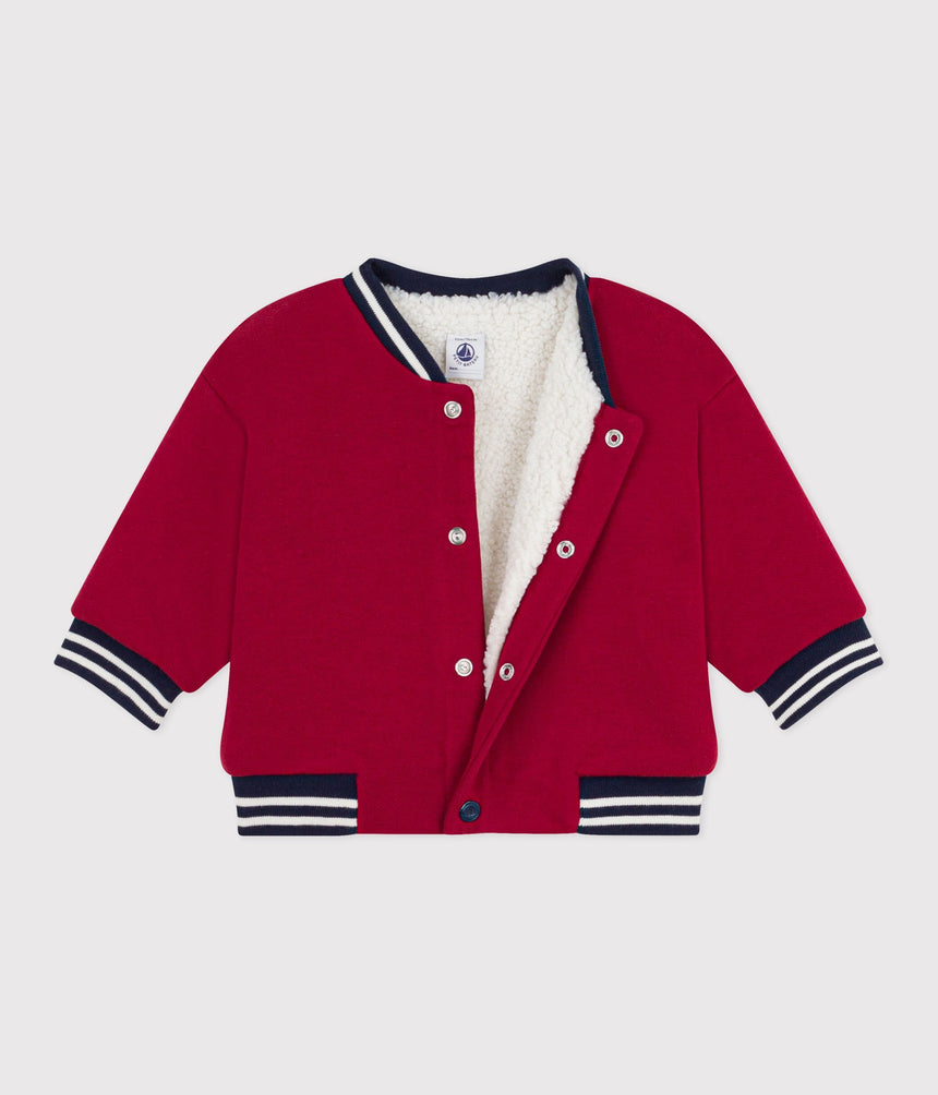 BABIES' VARSITY STYLE JACKET IN PLAIN COTTON AND SHERPA