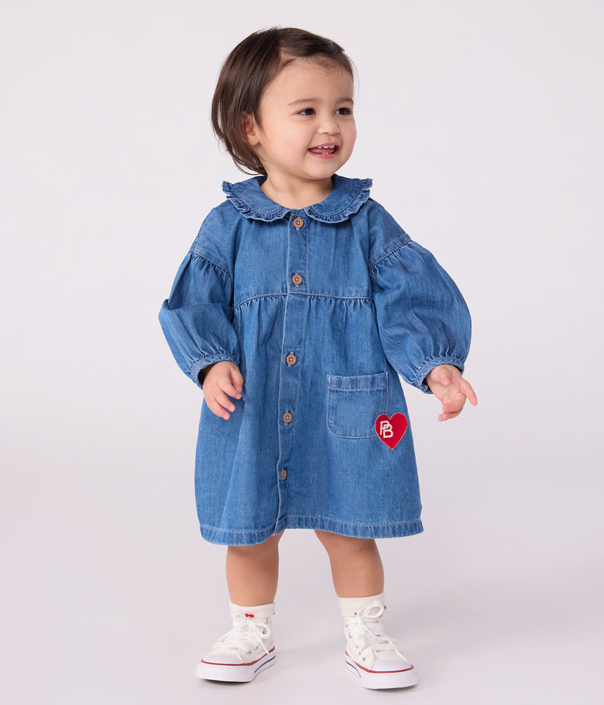 BABIES' LONG-SLEEVED DENIM DRESS WITH A COLLAR