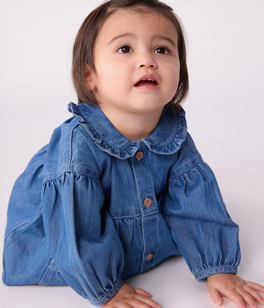BABIES' LONG-SLEEVED DENIM DRESS WITH A COLLAR