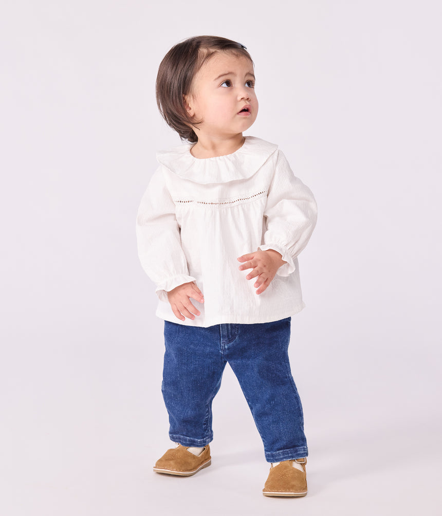 BABIES LONG-SLEEVED COTTON POPLIN BLOUSE WITH A COLLAR AND EMBROIDERY