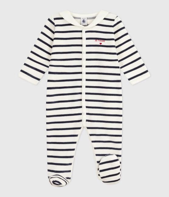 BABIES STRIPY VELOUR SLEEPSUIT