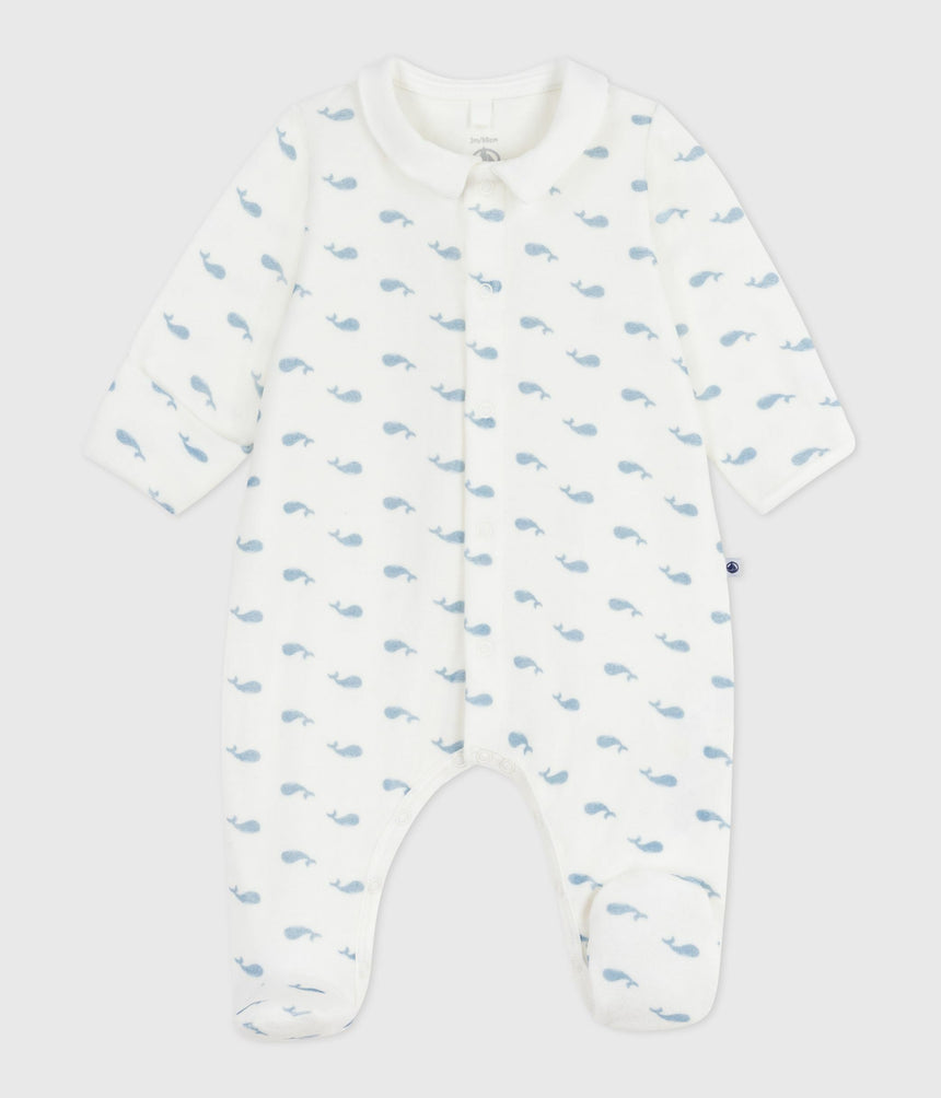 BABIES WHALE-PRINT VELOUR PYJAMA SUIT WITH A COLLAR