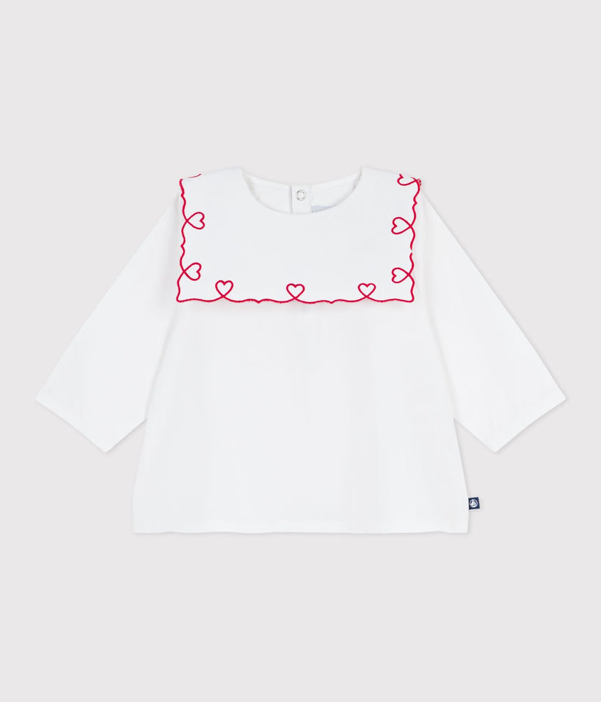 BABIES' LONG-SLEEVED COTTON POPLIN BLOUSE WITH EMBROIDERED HEARTS